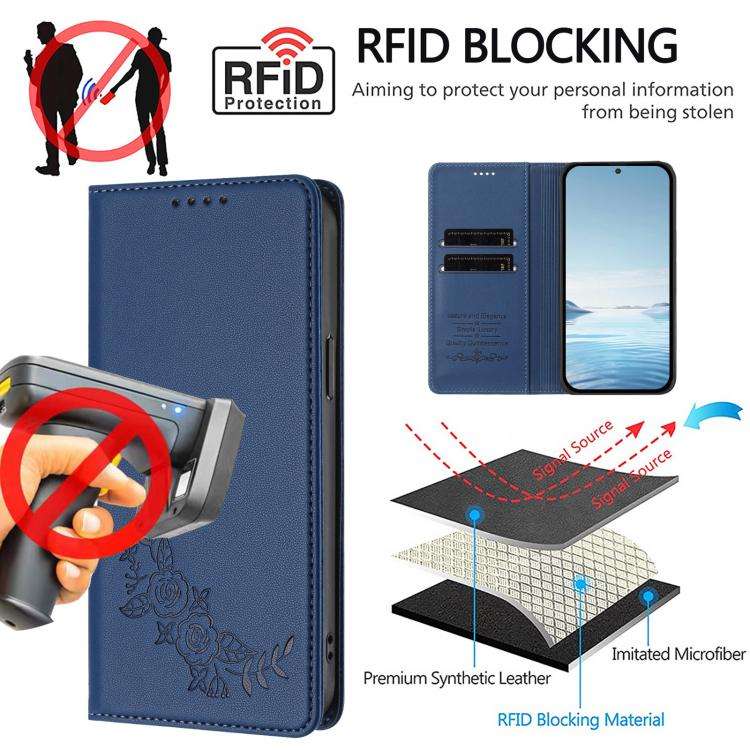 For Doogee N60 Pro Peony Embossed Magnetic RFID Vegan Leather Phone Case(Dark Blue)