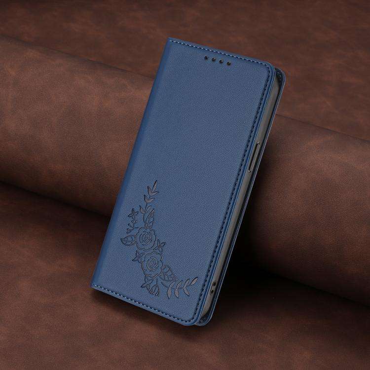 For Doogee N60 Pro Peony Embossed Magnetic RFID Vegan Leather Phone Case(Dark Blue)