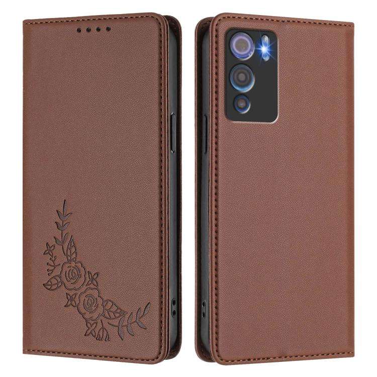 For Doogee N60 Pro Peony Embossed Magnetic RFID Vegan Leather Phone Case(Brown)