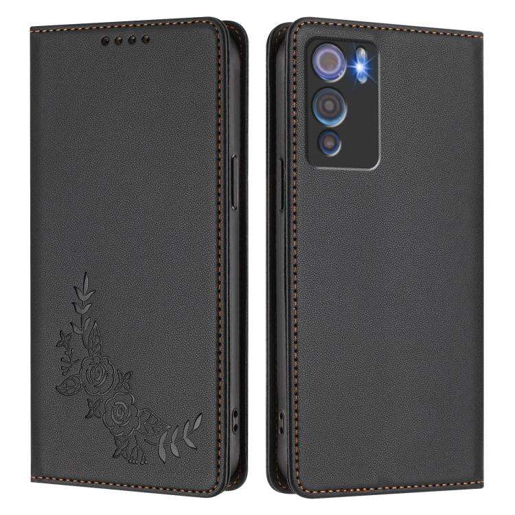 For Doogee N60 Pro Peony Embossed Magnetic RFID Vegan Leather Phone Case(Black)