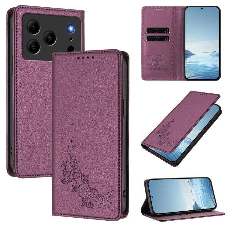 For Doogee Note 56 / Note 56 Pro Peony Embossed Magnetic RFID Vegan Leather Phone Case(Violet Pur...