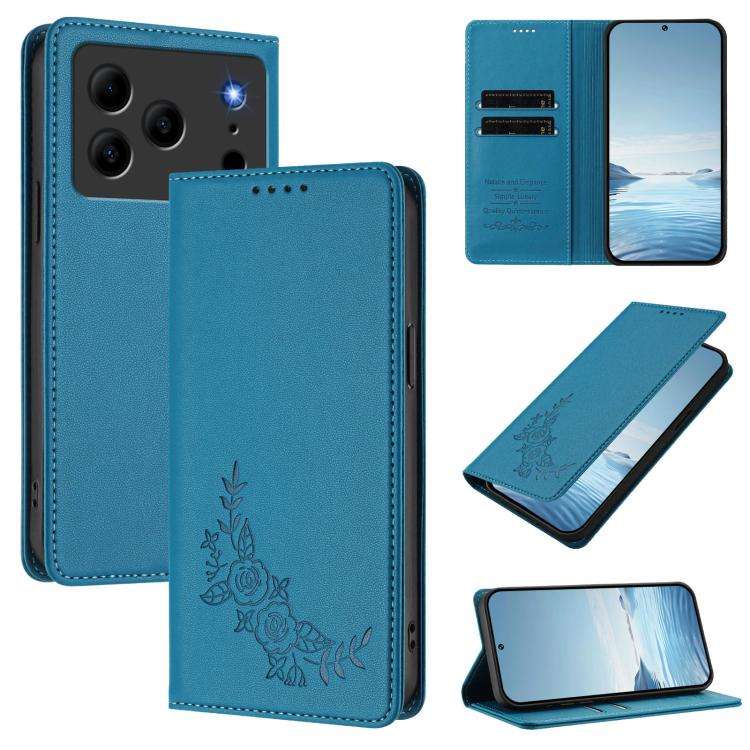 For Doogee Note 56 / Note 56 Pro Peony Embossed Magnetic RFID Vegan Leather Phone Case(Lake Blue)