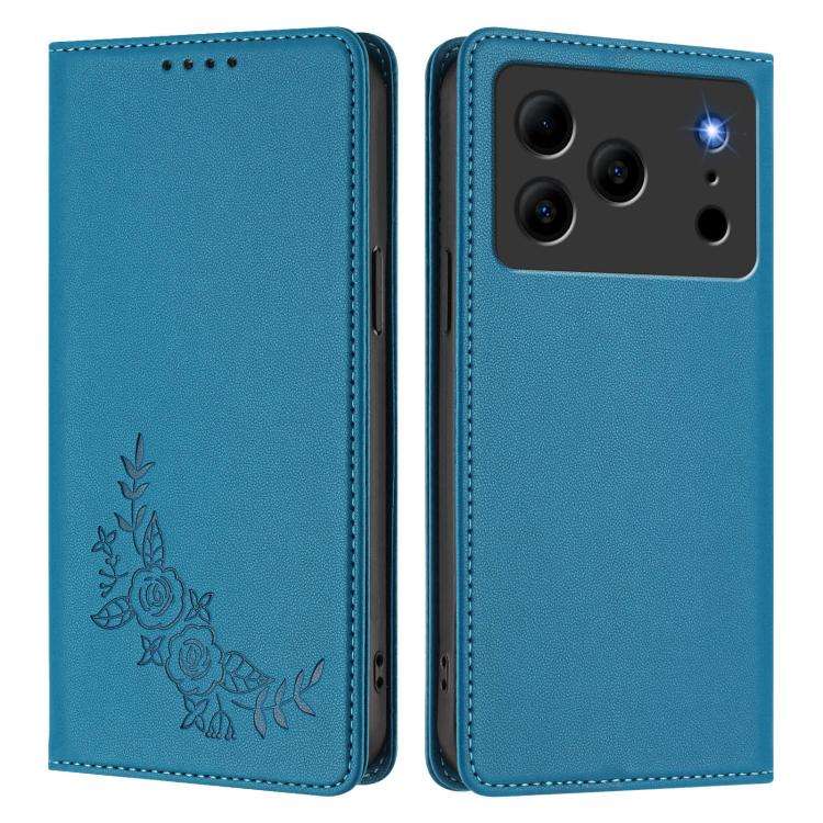 For Doogee Note 56 / Note 56 Pro Peony Embossed Magnetic RFID Vegan Leather Phone Case(Lake Blue)