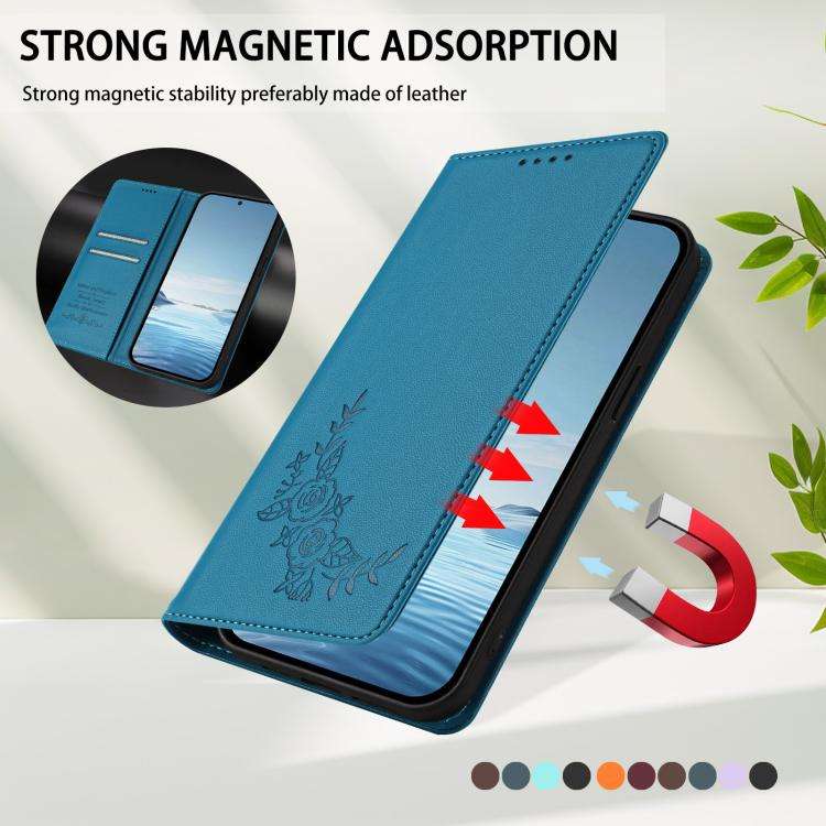 For Doogee Note 56 / Note 56 Pro Peony Embossed Magnetic RFID Vegan Leather Phone Case(Lake Blue)