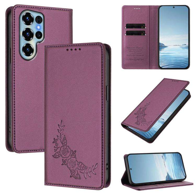 For Doogee Note 56X / 56X Pro Peony Embossed Magnetic RFID Vegan Leather Phone Case(Violet Purple)