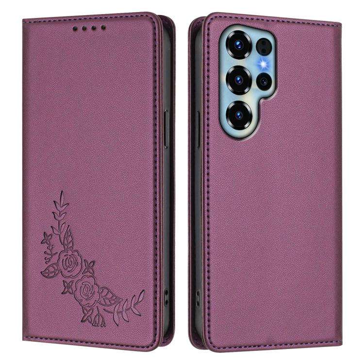 For Doogee Note 56X / 56X Pro Peony Embossed Magnetic RFID Vegan Leather Phone Case(Violet Purple)