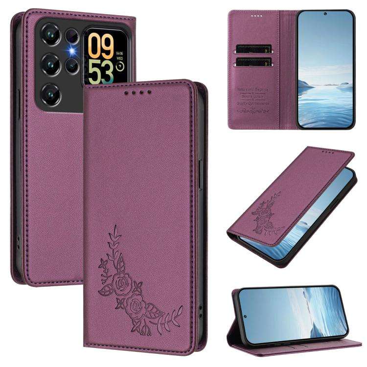 For Oukitel C62 / C62 Pro Peony Embossed Magnetic RFID Vegan Leather Phone Case(Violet Purple)