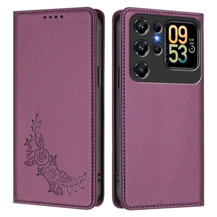 For Oukitel C62 / C62 Pro Peony Embossed Magnetic RFID Vegan Leather Phone Case(Violet Purple)