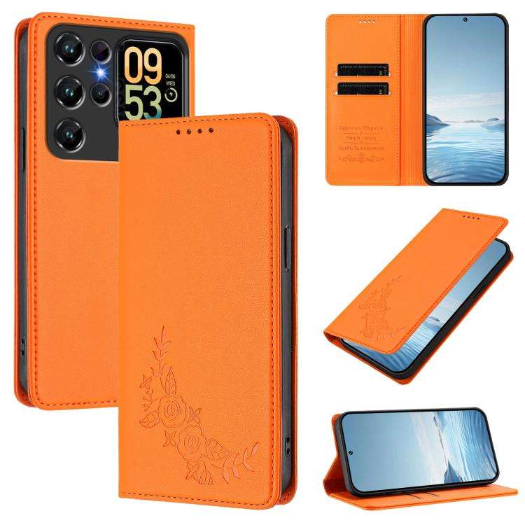 For Oukitel C62 / C62 Pro Peony Embossed Magnetic RFID Vegan Leather Phone Case(Orange)