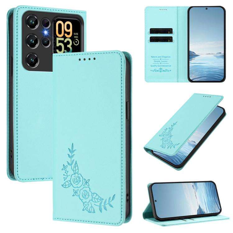For Oukitel C62 / C62 Pro Peony Embossed Magnetic RFID Vegan Leather Phone Case(Mint Green)