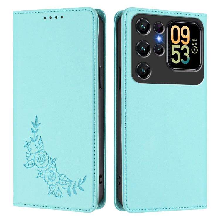 For Oukitel C62 / C62 Pro Peony Embossed Magnetic RFID Vegan Leather Phone Case(Mint Green)