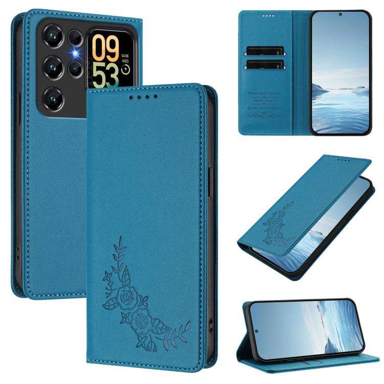 For Oukitel C62 / C62 Pro Peony Embossed Magnetic RFID Vegan Leather Phone Case(Lake Blue)