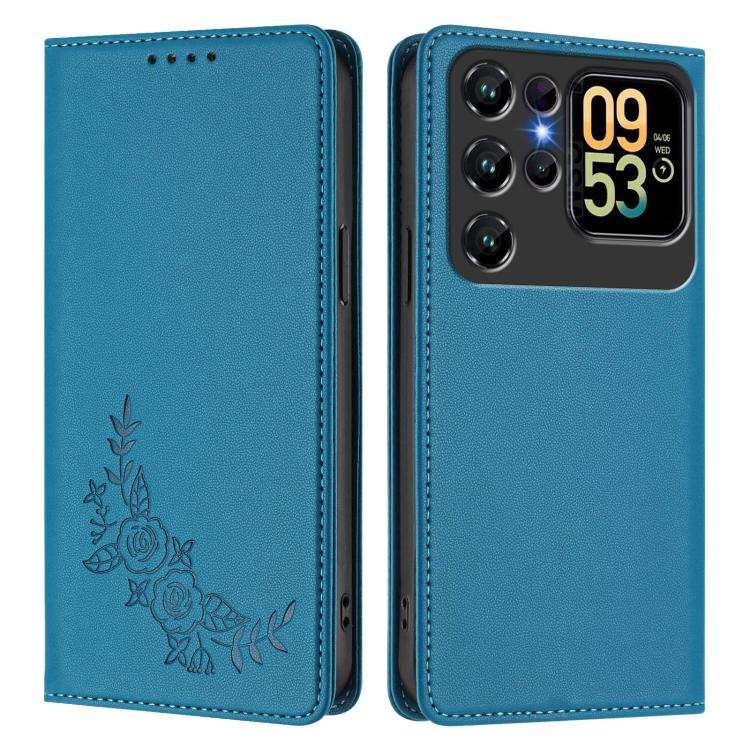 For Oukitel C62 / C62 Pro Peony Embossed Magnetic RFID Vegan Leather Phone Case(Lake Blue)