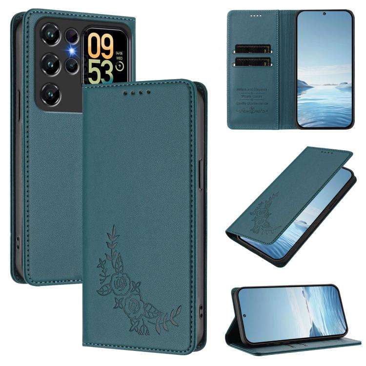 For Oukitel C62 / C62 Pro Peony Embossed Magnetic RFID Vegan Leather Phone Case(Peacock Green)