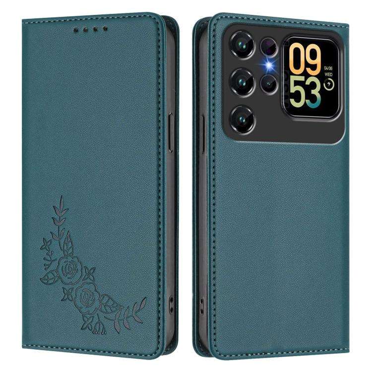 For Oukitel C62 / C62 Pro Peony Embossed Magnetic RFID Vegan Leather Phone Case(Peacock Green)