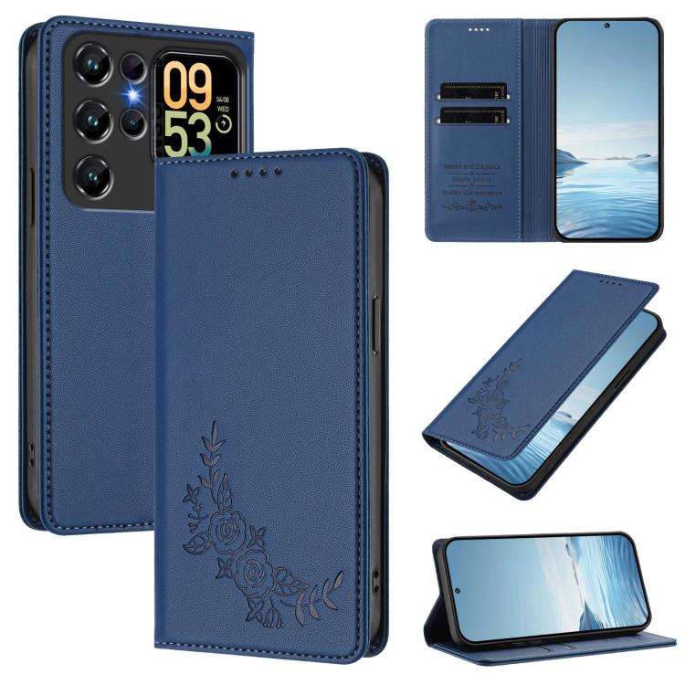 For Oukitel C62 / C62 Pro Peony Embossed Magnetic RFID Vegan Leather Phone Case(Dark Blue)