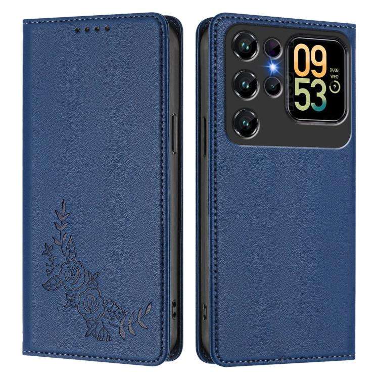 For Oukitel C62 / C62 Pro Peony Embossed Magnetic RFID Vegan Leather Phone Case(Dark Blue)