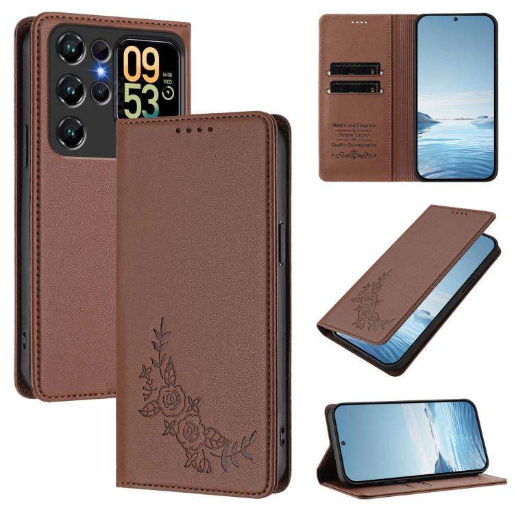 For Oukitel C62 / C62 Pro Peony Embossed Magnetic RFID Vegan Leather Phone Case(Brown)