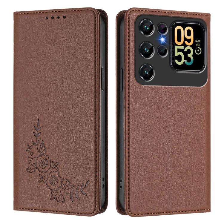 For Oukitel C62 / C62 Pro Peony Embossed Magnetic RFID Vegan Leather Phone Case(Brown)