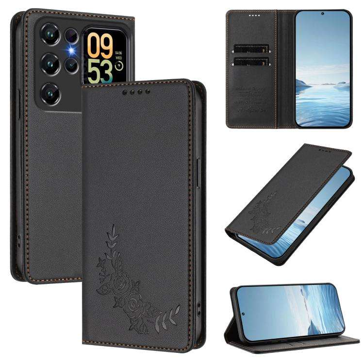 For Oukitel C62 / C62 Pro Peony Embossed Magnetic RFID Vegan Leather Phone Case(Black)