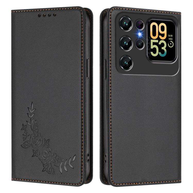 For Oukitel C62 / C62 Pro Peony Embossed Magnetic RFID Vegan Leather Phone Case(Black)