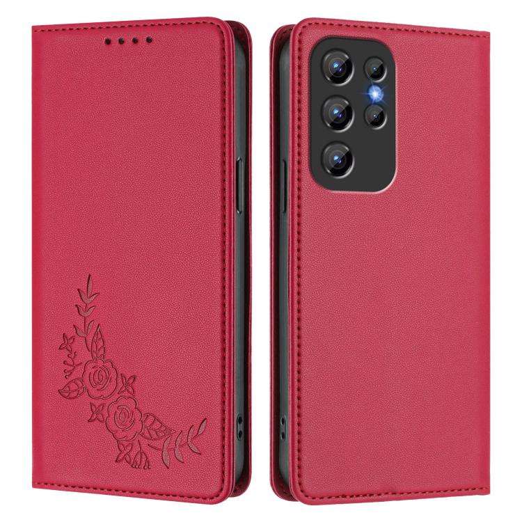 For Oukitel C1 / C1 Pro Peony Embossed Magnetic RFID Vegan Leather Phone Case(Red)