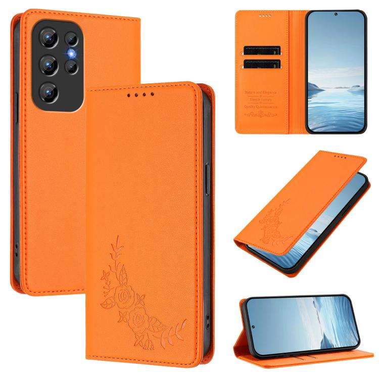 For Oukitel C1 / C1 Pro Peony Embossed Magnetic RFID Vegan Leather Phone Case(Orange)