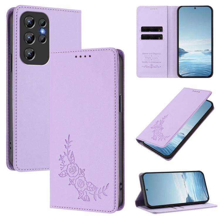 For Oukitel C1 / C1 Pro Peony Embossed Magnetic RFID Vegan Leather Phone Case(Light Purple)
