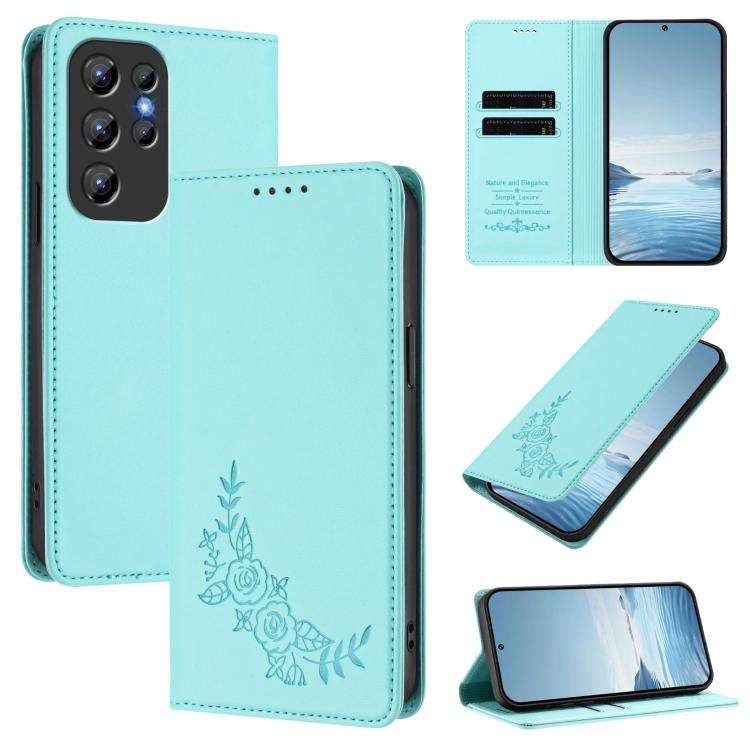 For Oukitel C1 / C1 Pro Peony Embossed Magnetic RFID Vegan Leather Phone Case(Mint Green)