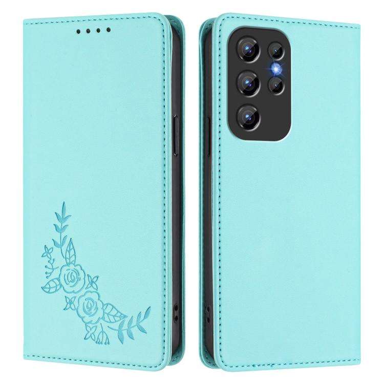 For Oukitel C1 / C1 Pro Peony Embossed Magnetic RFID Vegan Leather Phone Case(Mint Green)