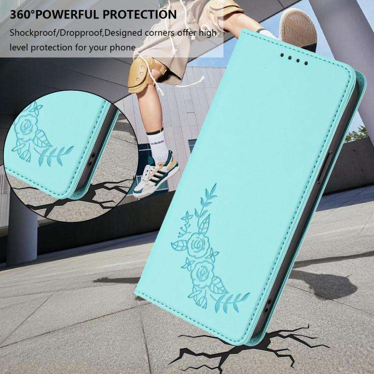 For Oukitel C1 / C1 Pro Peony Embossed Magnetic RFID Vegan Leather Phone Case(Mint Green)