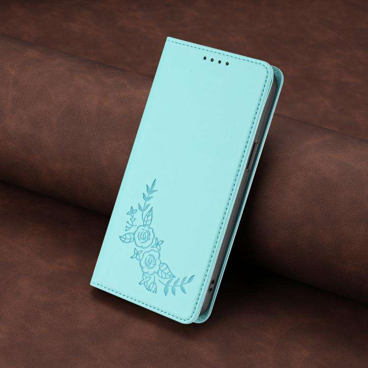 For Oukitel C1 / C1 Pro Peony Embossed Magnetic RFID Vegan Leather Phone Case(Mint Green)