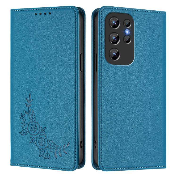 For Oukitel C1 / C1 Pro Peony Embossed Magnetic RFID Vegan Leather Phone Case(Lake Blue)