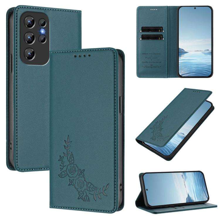 For Oukitel C1 / C1 Pro Peony Embossed Magnetic RFID Vegan Leather Phone Case(Peacock Green)
