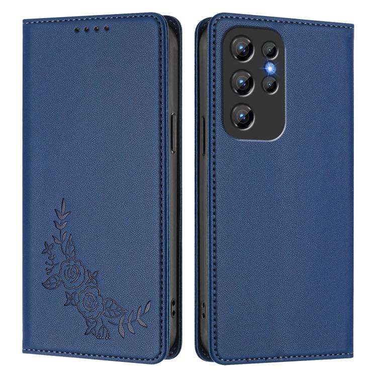 For Oukitel C1 / C1 Pro Peony Embossed Magnetic RFID Vegan Leather Phone Case(Dark Blue)