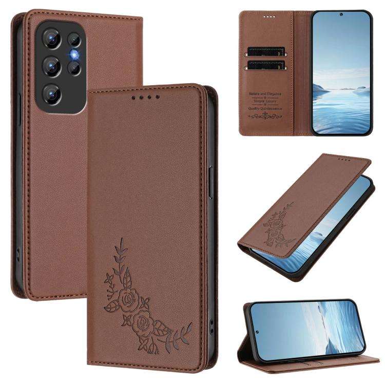 For Oukitel C1 / C1 Pro Peony Embossed Magnetic RFID Vegan Leather Phone Case(Brown)