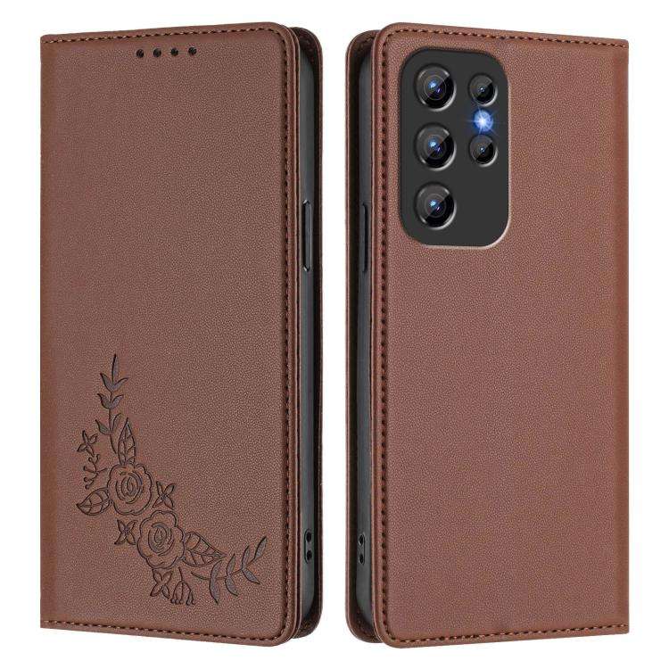 For Oukitel C1 / C1 Pro Peony Embossed Magnetic RFID Vegan Leather Phone Case(Brown)