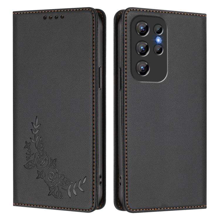 For Oukitel C1 / C1 Pro Peony Embossed Magnetic RFID Vegan Leather Phone Case(Black)