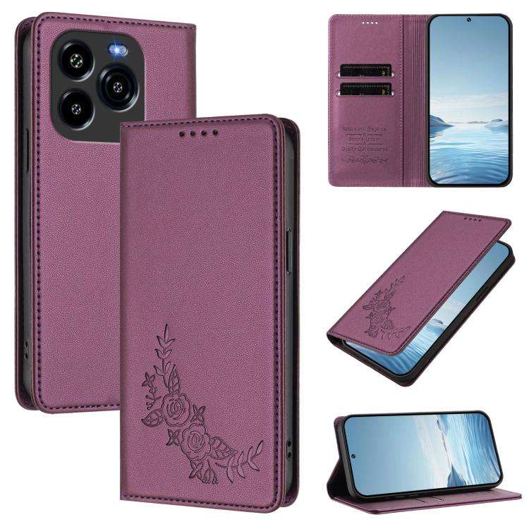 For Oukitel C65 / C65 Pro Peony Embossed Magnetic RFID Vegan Leather Phone Case(Violet Purple)