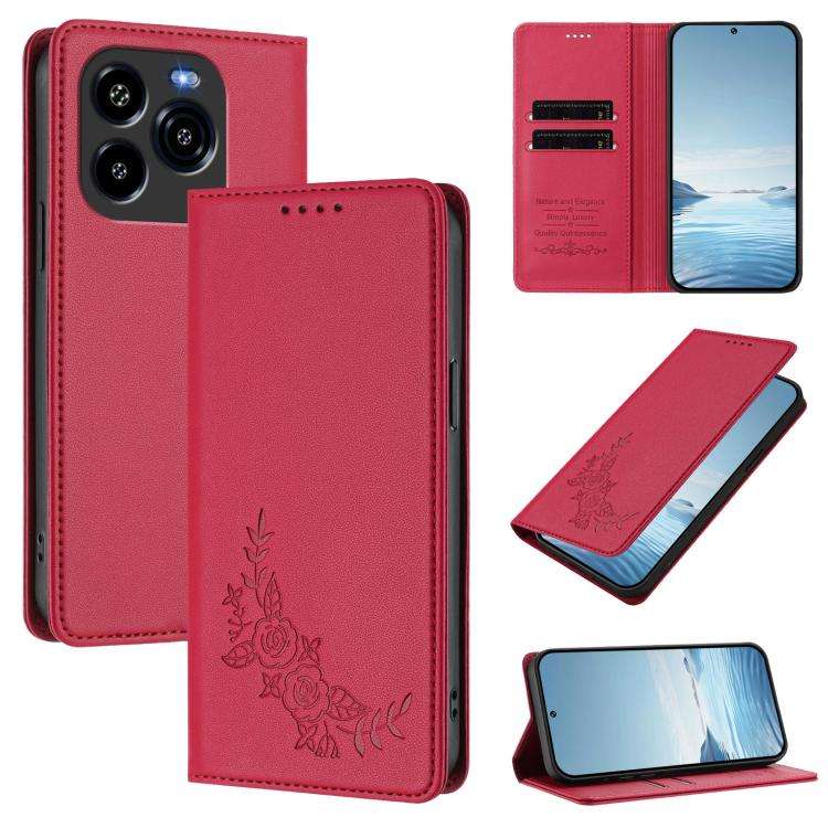 For Oukitel C65 / C65 Pro Peony Embossed Magnetic RFID Vegan Leather Phone Case(Red)
