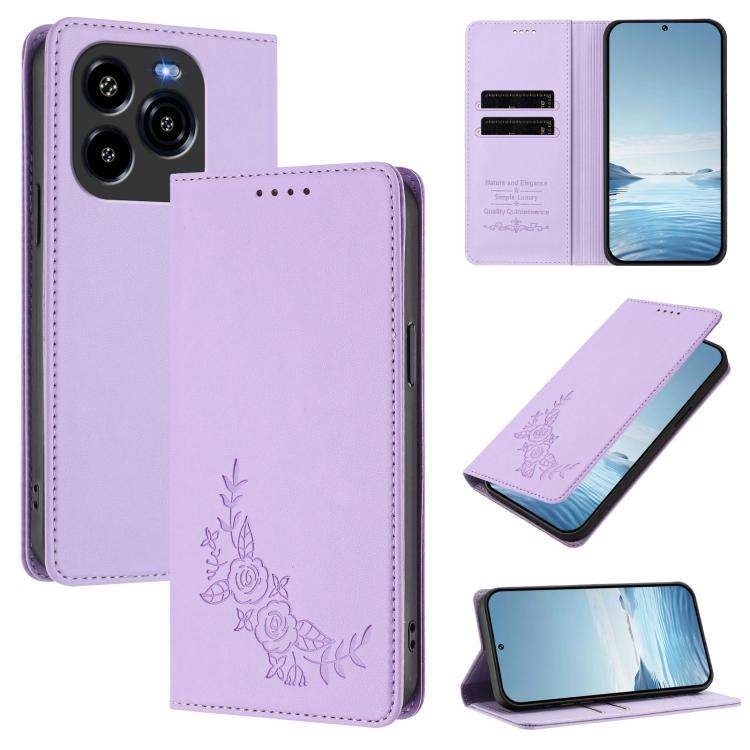 For Oukitel C65 / C65 Pro Peony Embossed Magnetic RFID Vegan Leather Phone Case(Light Purple)