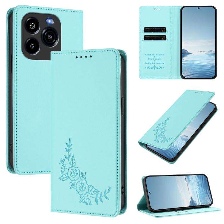 For Oukitel C65 / C65 Pro Peony Embossed Magnetic RFID Vegan Leather Phone Case(Mint Green)