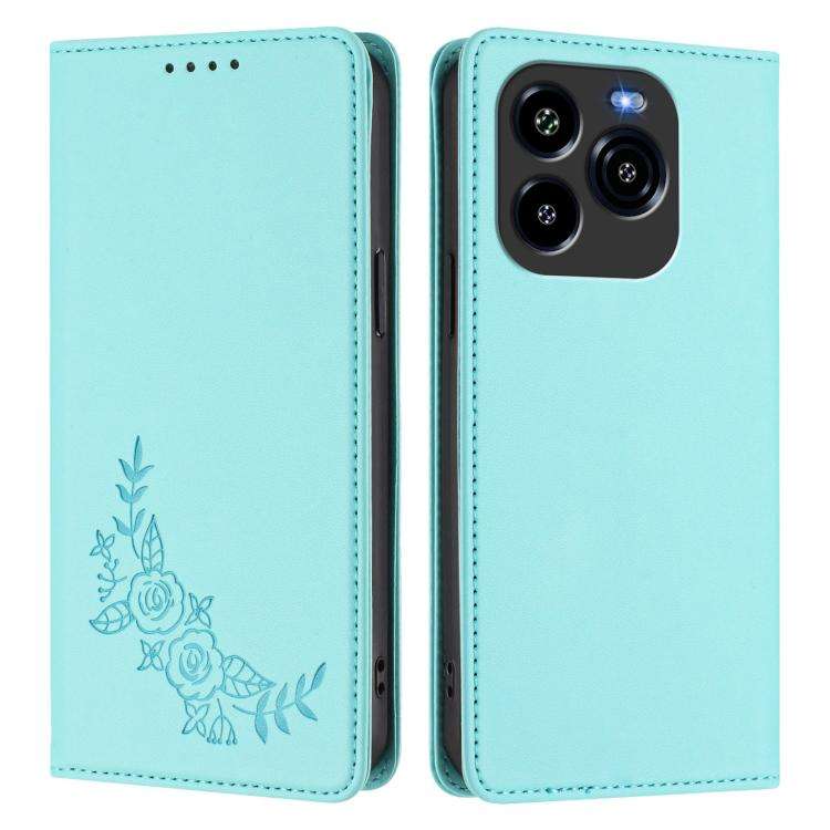 For Oukitel C65 / C65 Pro Peony Embossed Magnetic RFID Vegan Leather Phone Case(Mint Green)
