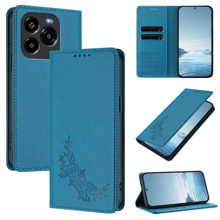 For Oukitel C65 / C65 Pro Peony Embossed Magnetic RFID Vegan Leather Phone Case(Lake Blue)