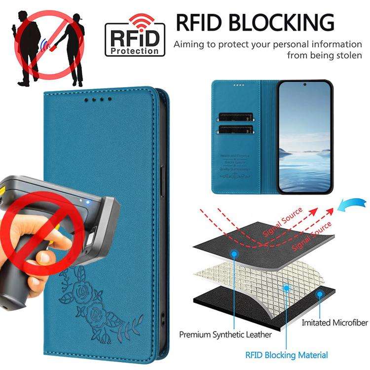 For Oukitel C65 / C65 Pro Peony Embossed Magnetic RFID Vegan Leather Phone Case(Lake Blue)