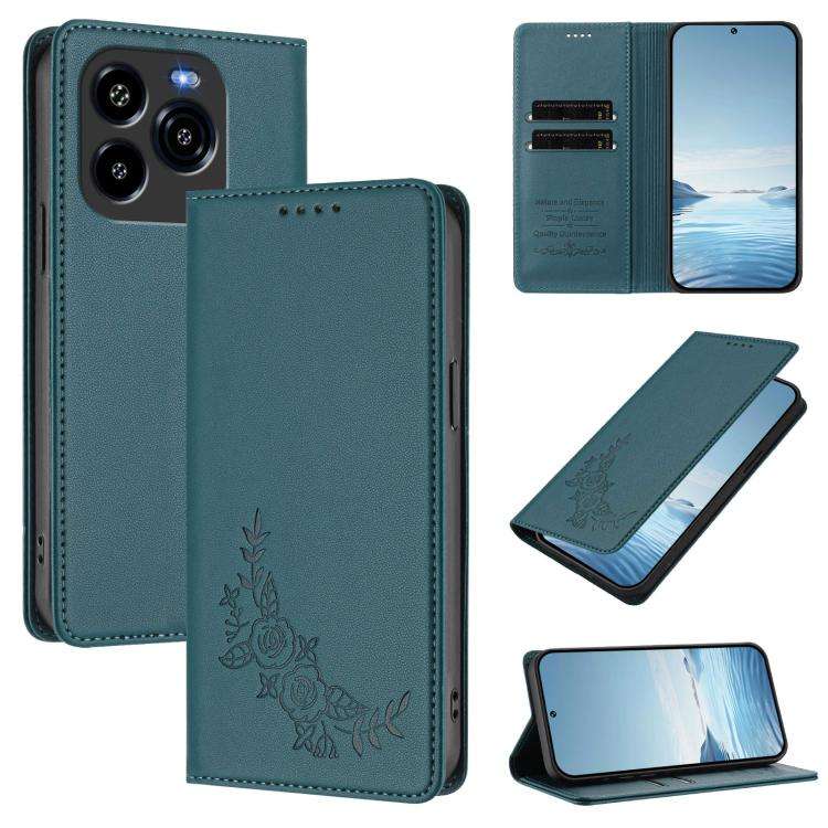 For Oukitel C65 / C65 Pro Peony Embossed Magnetic RFID Vegan Leather Phone Case(Peacock Green)