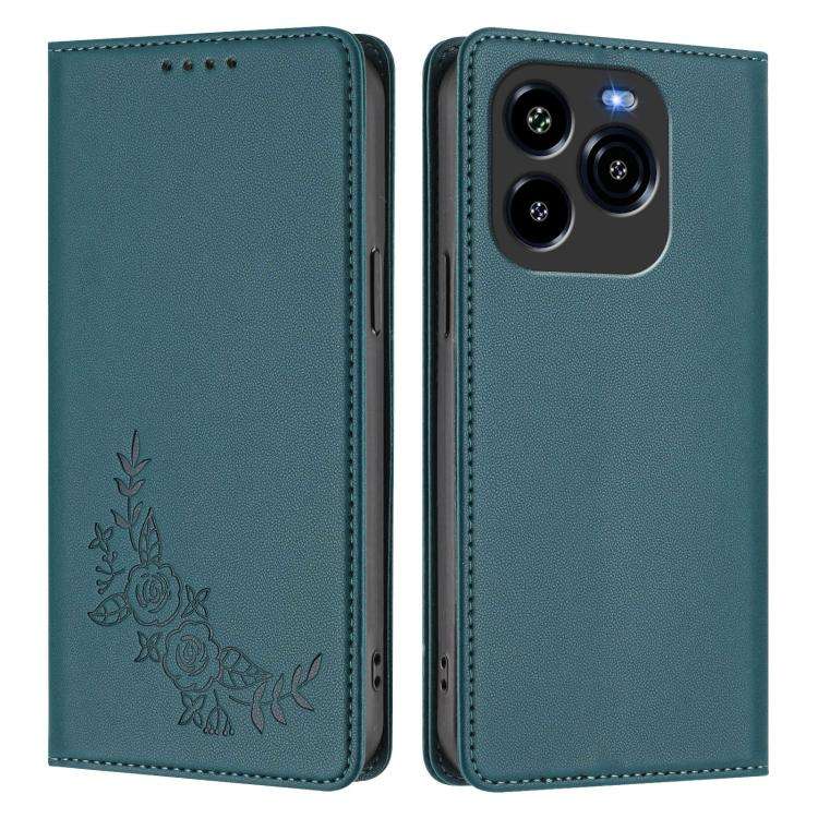 For Oukitel C65 / C65 Pro Peony Embossed Magnetic RFID Vegan Leather Phone Case(Peacock Green)