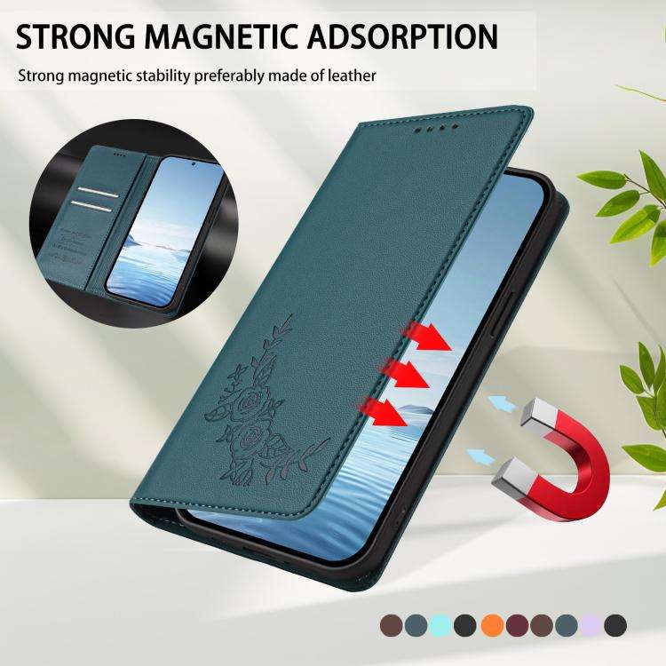 For Oukitel C65 / C65 Pro Peony Embossed Magnetic RFID Vegan Leather Phone Case(Peacock Green)