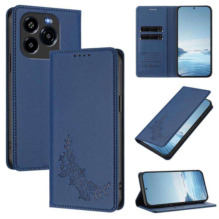 For Oukitel C65 / C65 Pro Peony Embossed Magnetic RFID Vegan Leather Phone Case(Dark Blue)