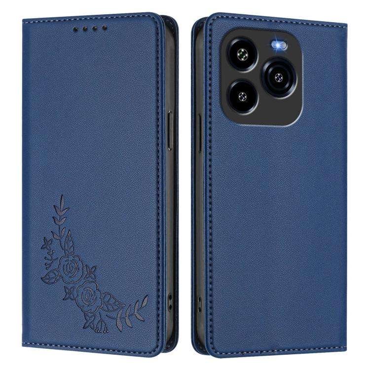 For Oukitel C65 / C65 Pro Peony Embossed Magnetic RFID Vegan Leather Phone Case(Dark Blue)